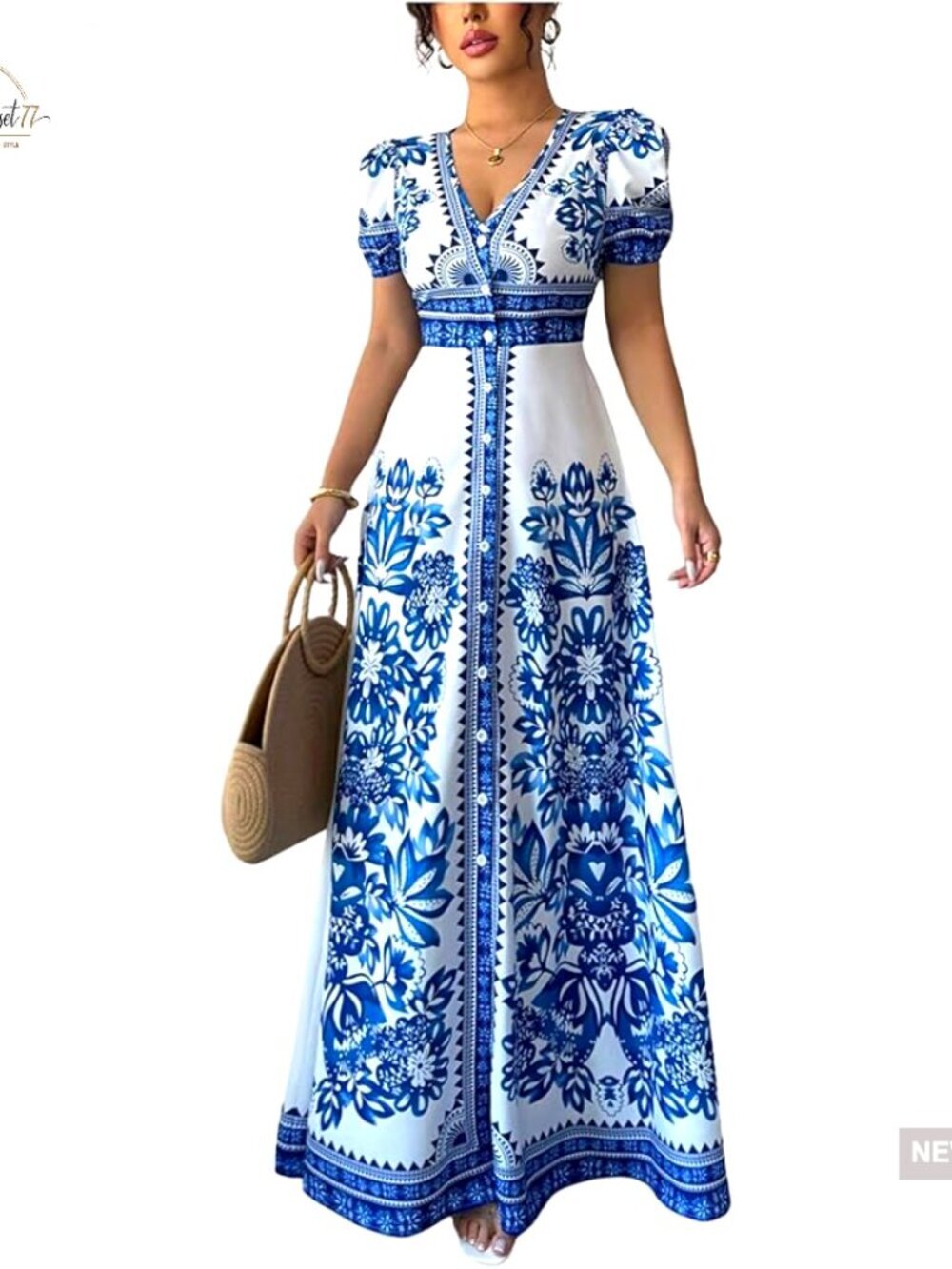 Floral V-Neck Maxi Dress with Puff Sleeves, Button Down Casual Beach Vacation